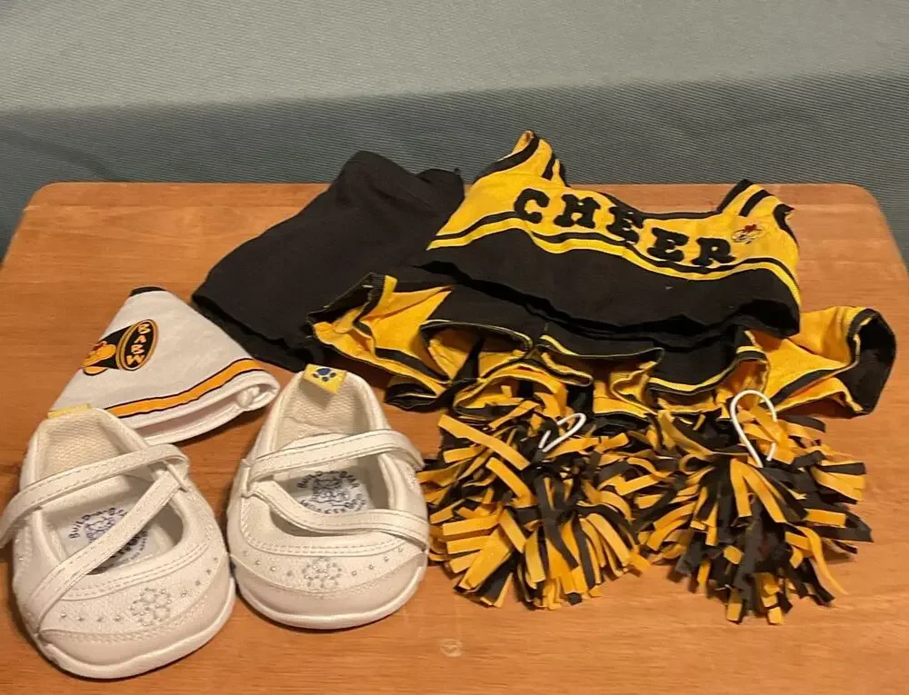 Build A Bear Cheer Cheerleader Outfit Skirt Top Shorts Shoes Set Gold and Black